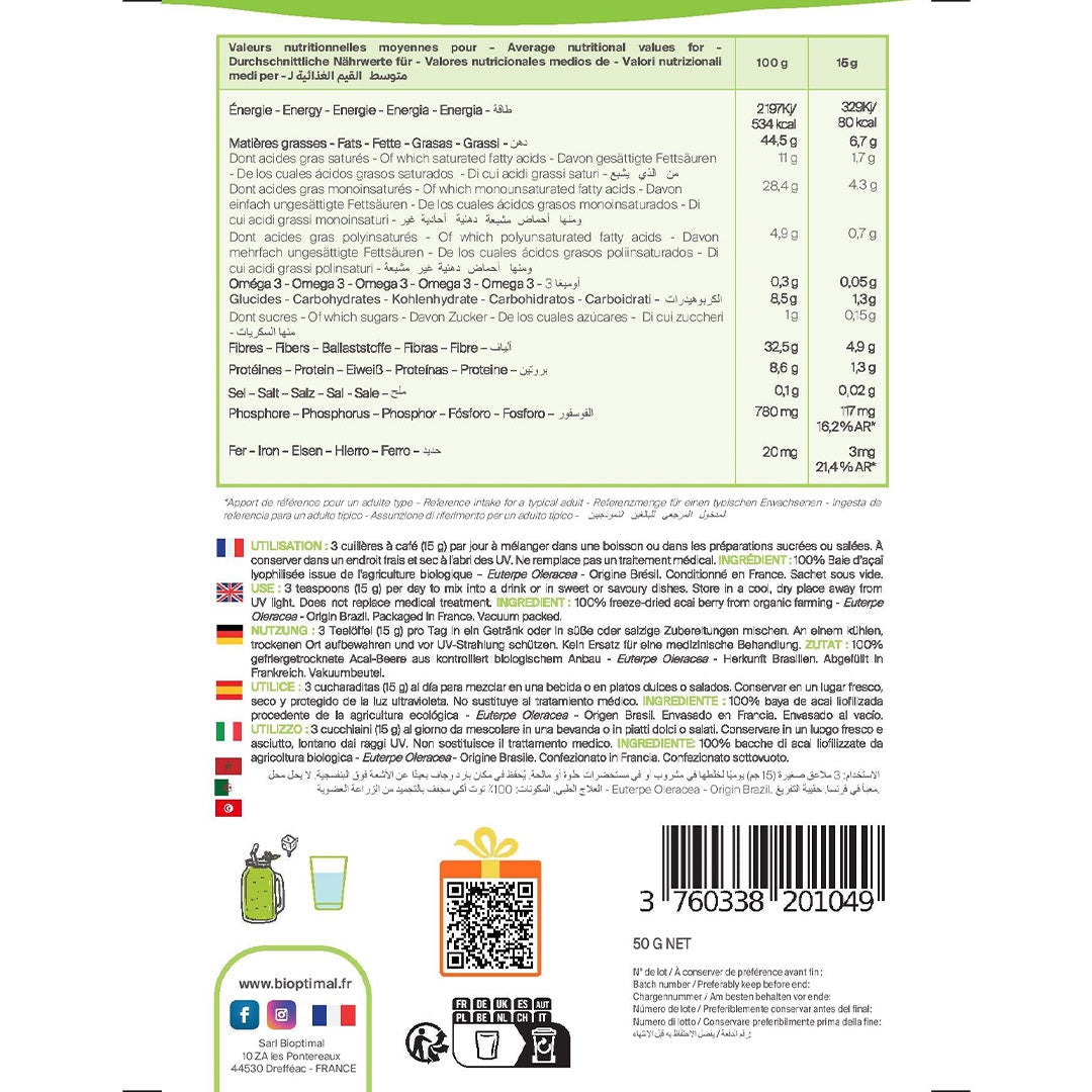 Bioptimal Organic Açaï Powder, 50g - Elliotti