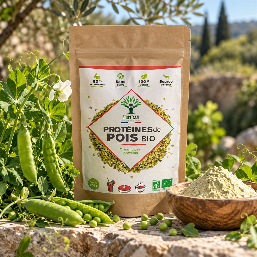 A stand-up pouch of Bioptimal 'Proteines de Pois Bio' organic pea protein powder stands on a stone surface outdoors, surrounded by fresh green peas, pea pods, and a wooden bowl filled with the light green powder.