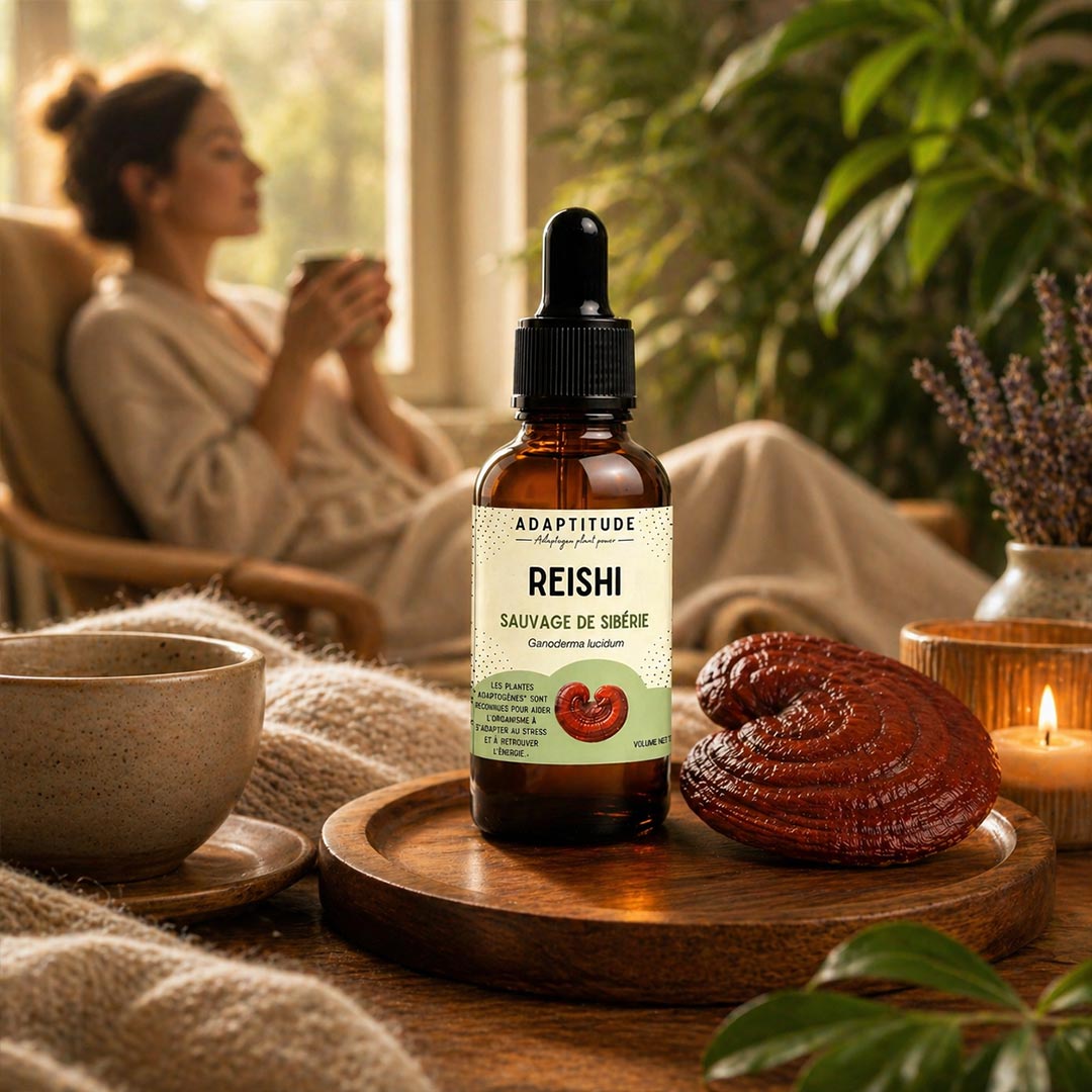 Bottle of Adaptivtude Reishi supplement on a wooden tray with a person in the background.