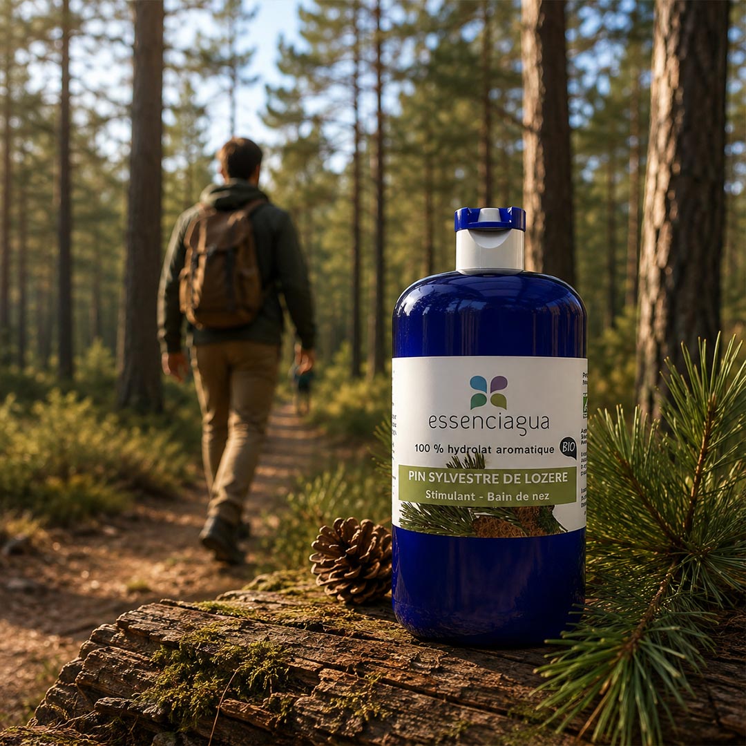 A blue bottle of essenciagua Pin Sylvestre de Lozère hydrosol stands on a mossy log in a forest, with a man hiking in the blurred background.