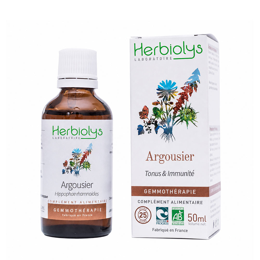 A bottle and box of Herbiolys Laboratoires Argousier (Sea Buckthorn) gemmothérapie supplement, featuring an amber glass bottle with a white cap and a white box with botanical illustrations.