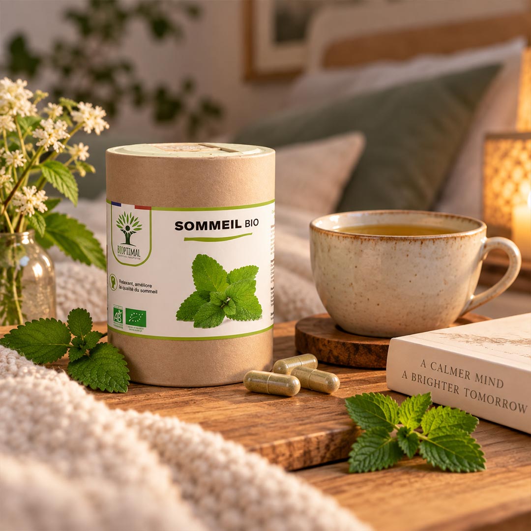 A kraft paper supplement jar labeled SOMMEIL BIO by Bioptimal, styled on a wooden table with mint leaves, capsules, a ceramic mug, and a cozy bedroom background.