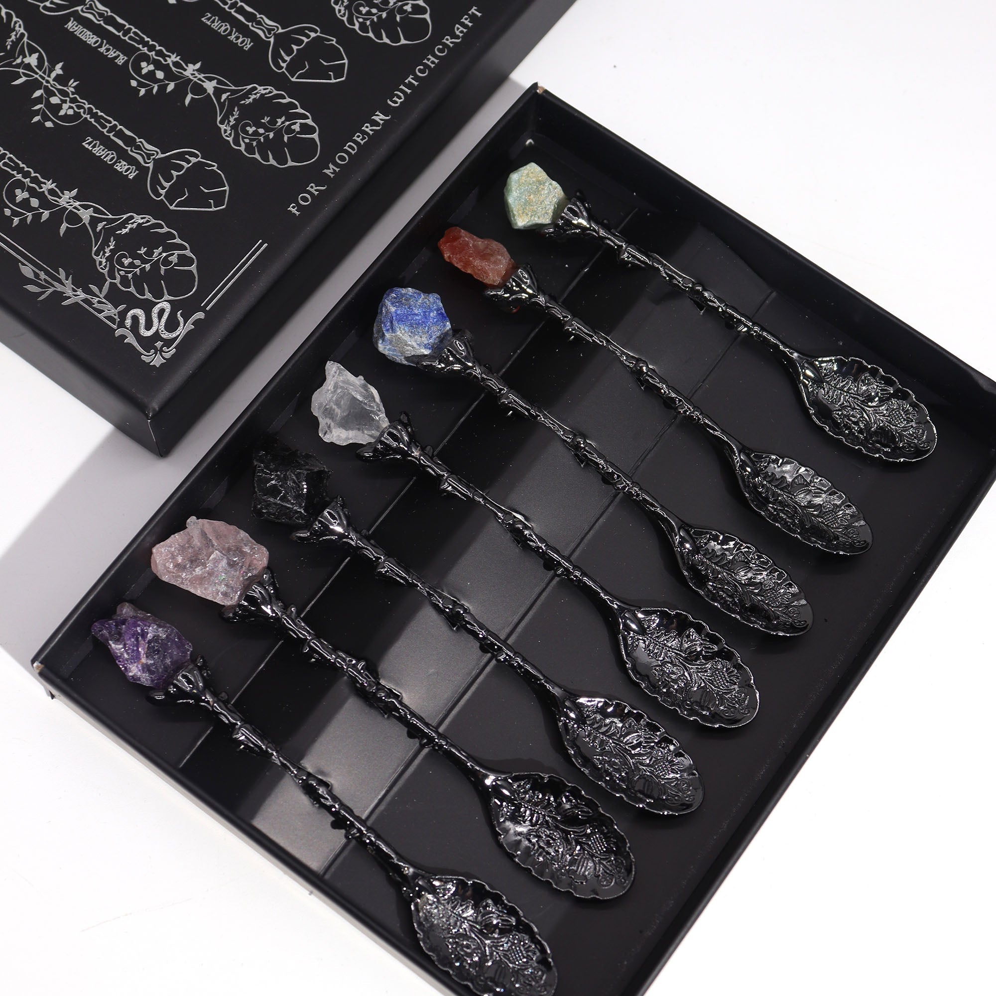 AW Artisan Spoons with Gemstones - Set of 7 Natural Crystal Spoons for Incense, Herbs & Intentional Rituals - Elliotti