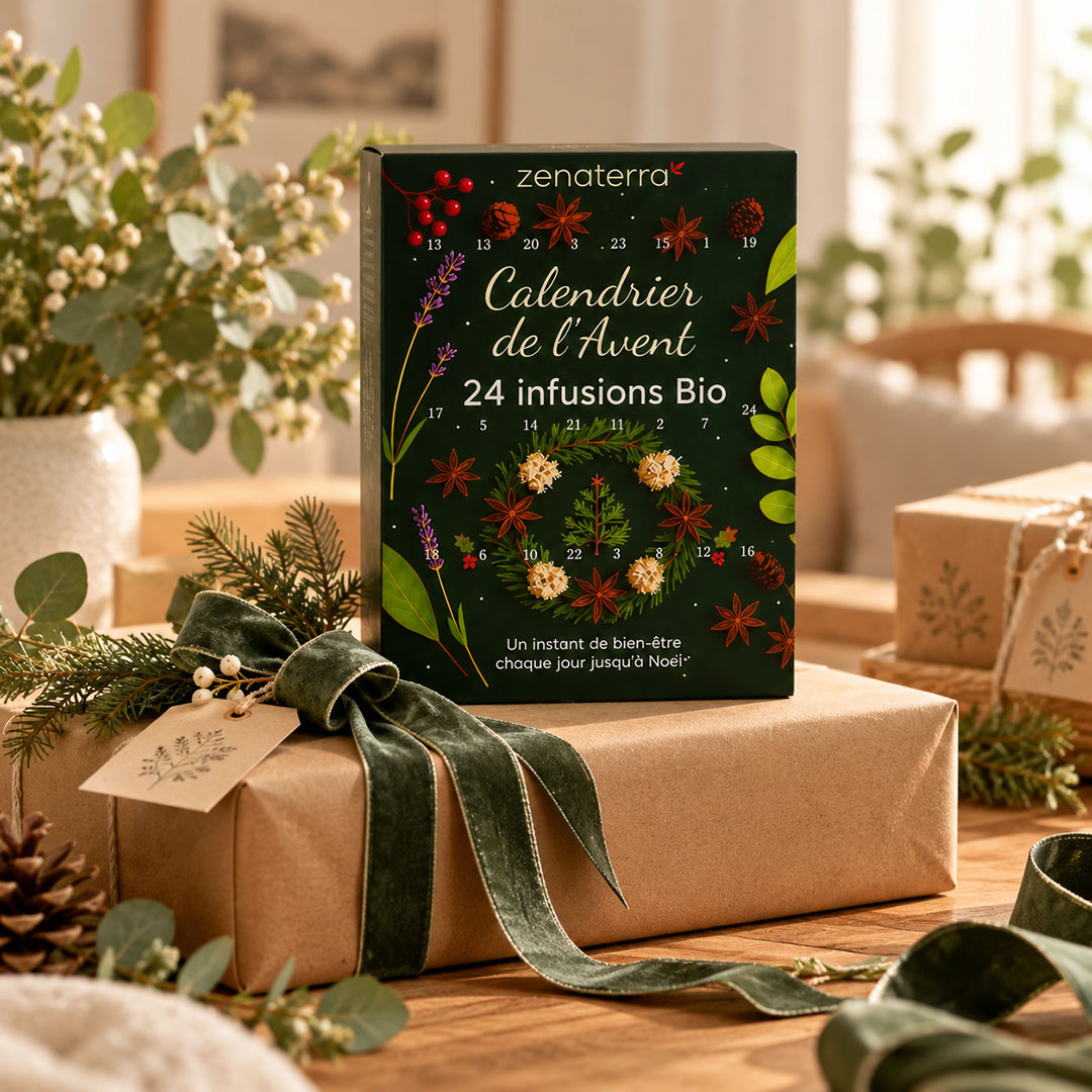 A Zenaterra Advent calendar box displayed on a wrapped gift in a warm, decorated home setting. The dark green box features botanical illustrations and the French text 'Calendrier de l'Avent' and '24 infusions Bio'.