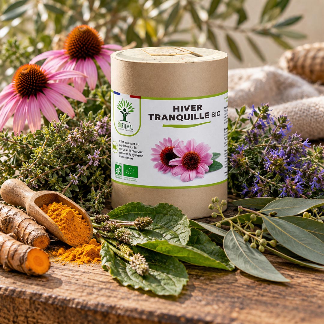A kraft paper cylindrical container labeled 'HIVER TRANQUILLE BIO' stands on a rustic wooden surface surrounded by herbal ingredients including turmeric roots, a wooden scoop of yellow powder, green leaves, purple flowers, and coneflowers.