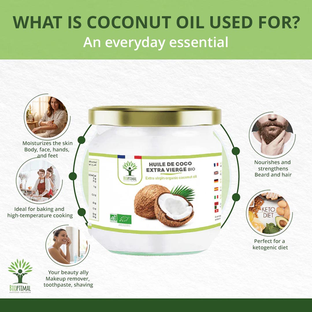 Jar of coconut oil with benefits listed on a white background