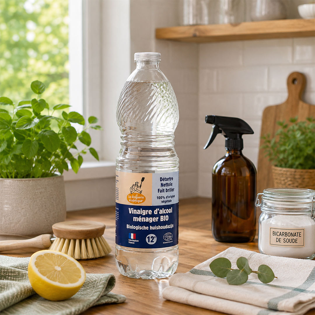 Organic White Alcohol Vinegar 12% displayed on a wooden kitchen countertop in a bright, sunlit home. The bottle is surrounded by eco-friendly cleaning essentials including a reusable amber spray bottle, baking soda in a glass jar, a natural wooden scrub brush, fresh lemon, linen cloths and green houseplants, illustrating a natural and sustainable home cleaning routine.