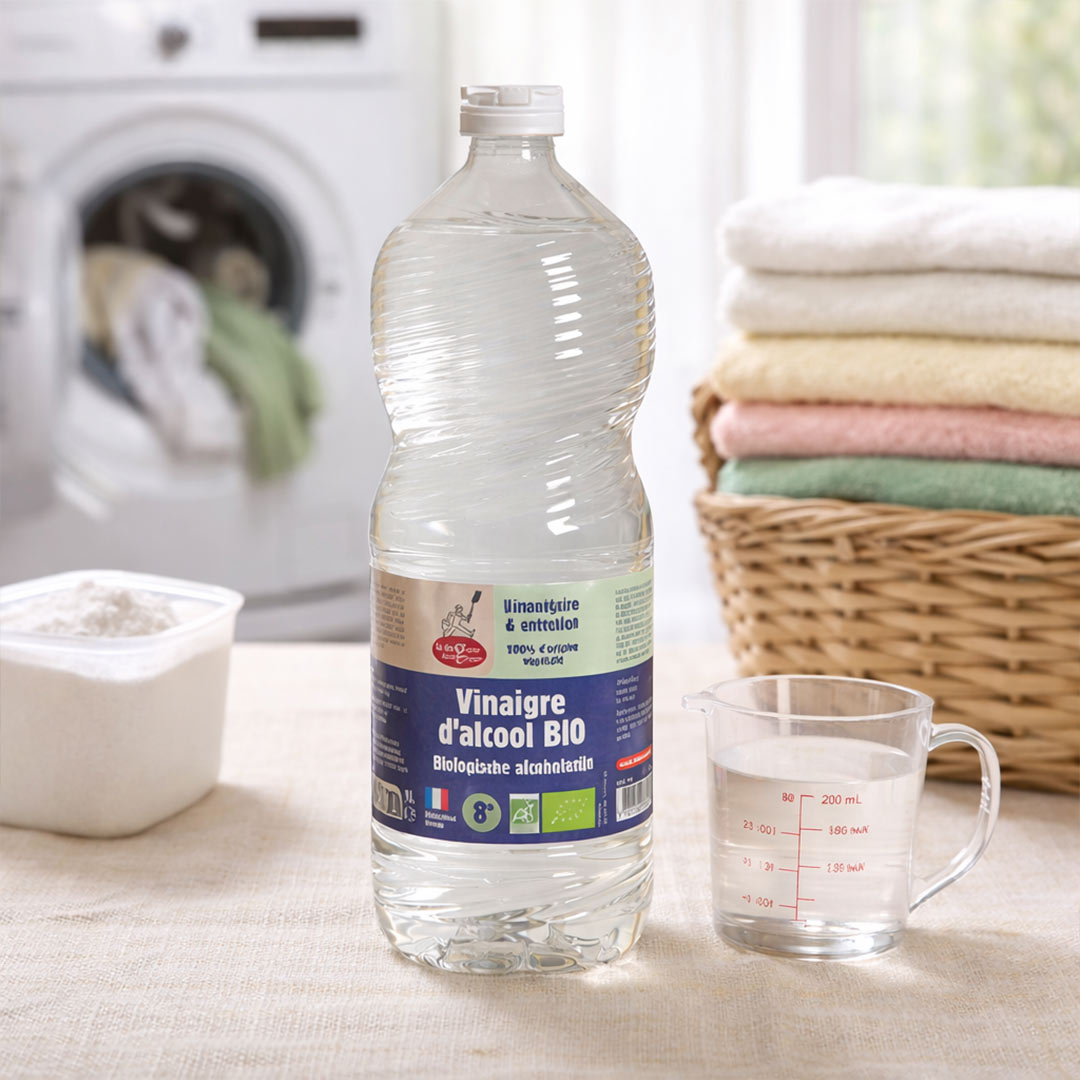 Bottle of organic ethanol vinegar with a measuring cup and laundry items in the background.