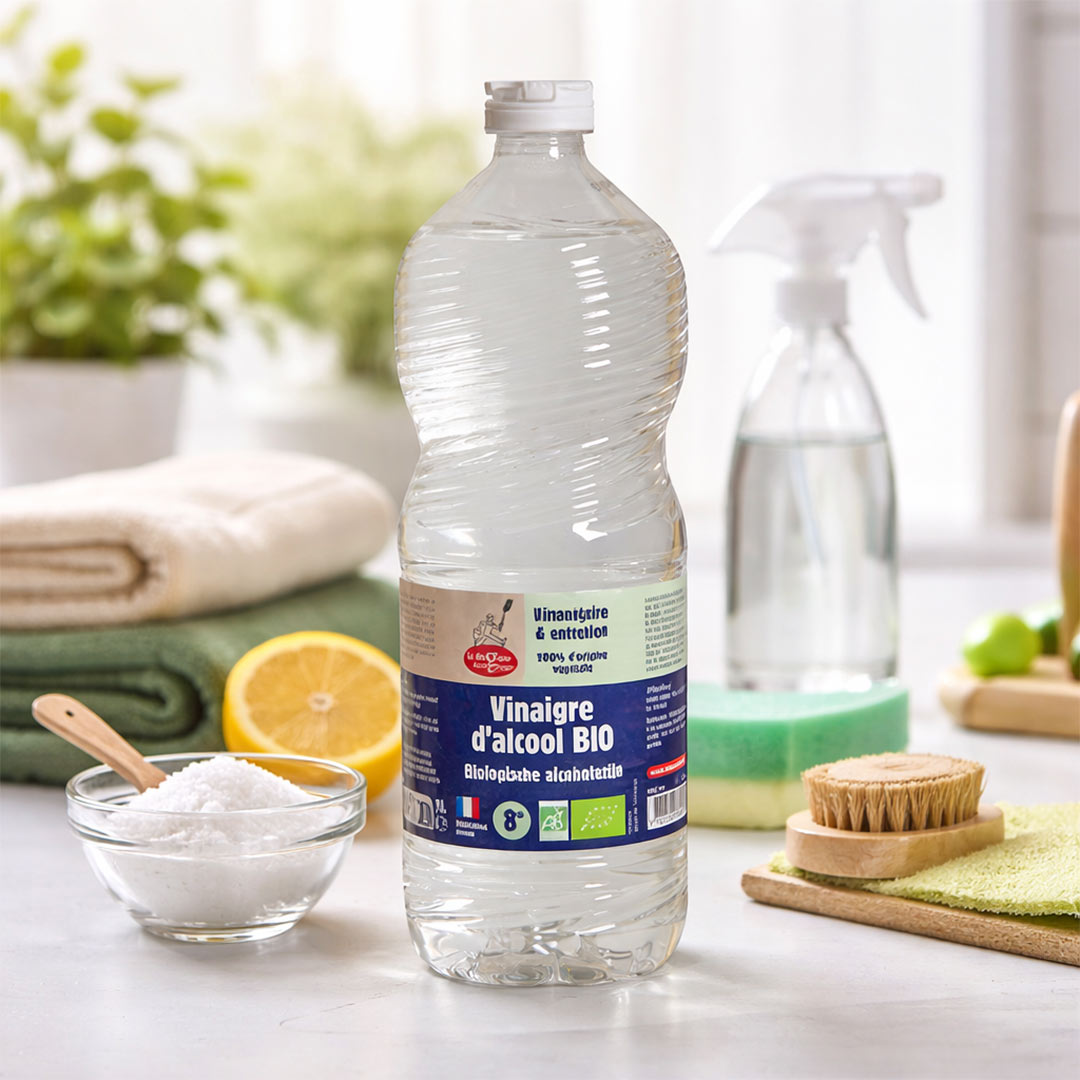 Bottle of organic vinegar on a kitchen counter with cleaning items and lemons.