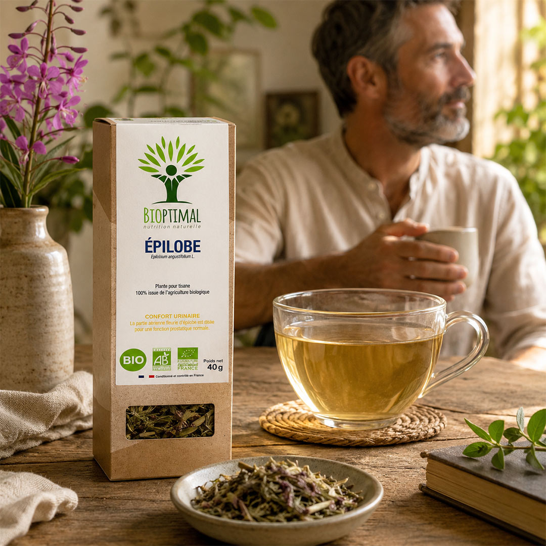 A box of Bioptimal Willowherb tea stands on a wooden table beside a glass cup of tea, with a man seated in a softly lit indoor setting in the background.