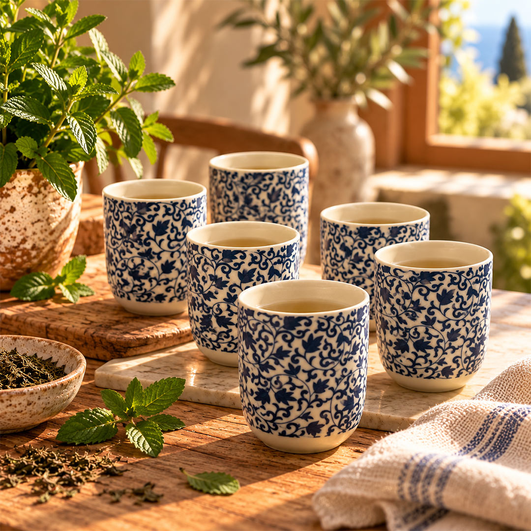 Six ceramic tea cups with a blue and white floral scroll pattern, arranged on wooden boards on a rustic wooden table with mint leaves and a bowl of loose tea.