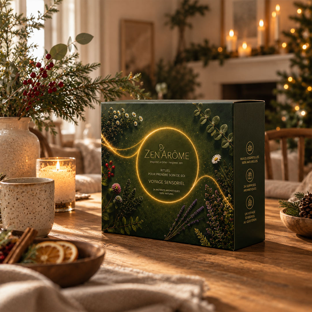 A Zen arôme Advent Calender box in dark green with botanical illustrations and a glowing circular design, displayed on a wooden table in a cozy holiday setting with candles and greenery.