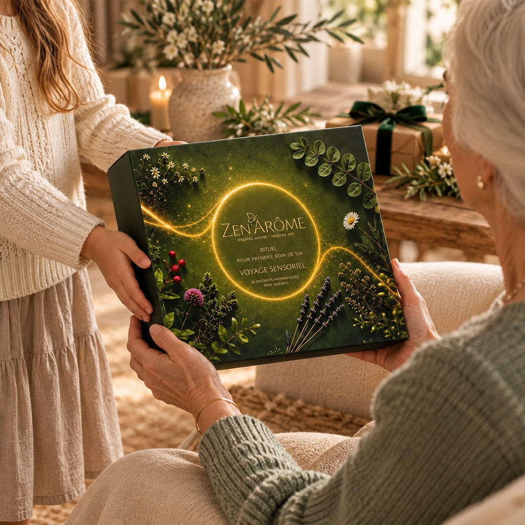 An elderly woman holds a decorative green Advent Calender box with floral illustrations and a glowing circular design, while a child in a cream sweater offers it. The box is labeled 'ZEN ARÔME Ritual' and 'Voyage Sensoriel'.