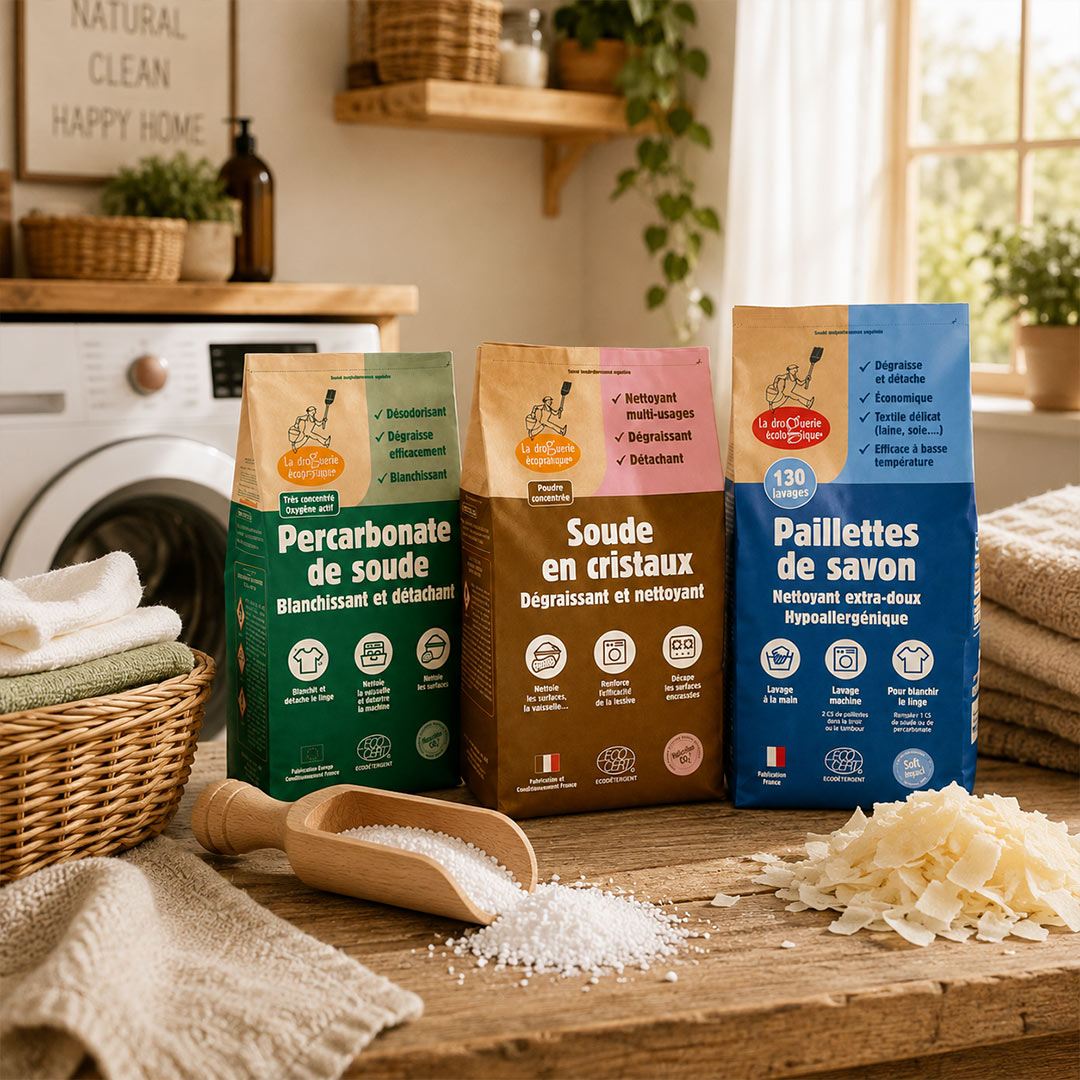 Laundry Stain & Care Kit displayed in a bright natural laundry room with sodium percarbonate, soda crystals, organic soap flakes and a wooden scoop beside folded towels, showcasing a sustainable laundry routine for stain removal, whitening and delicate fabric care.