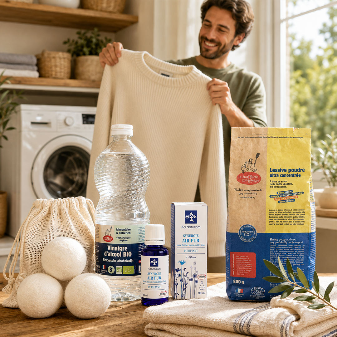Smiling man holding a freshly washed light blue sweater in a bright laundry room with the Naturally Fresh Laundry Kit, including organic laundry powder, organic alcohol vinegar, wool dryer balls and Clean Air Synergy essential oil blend for naturally fresh laundry.