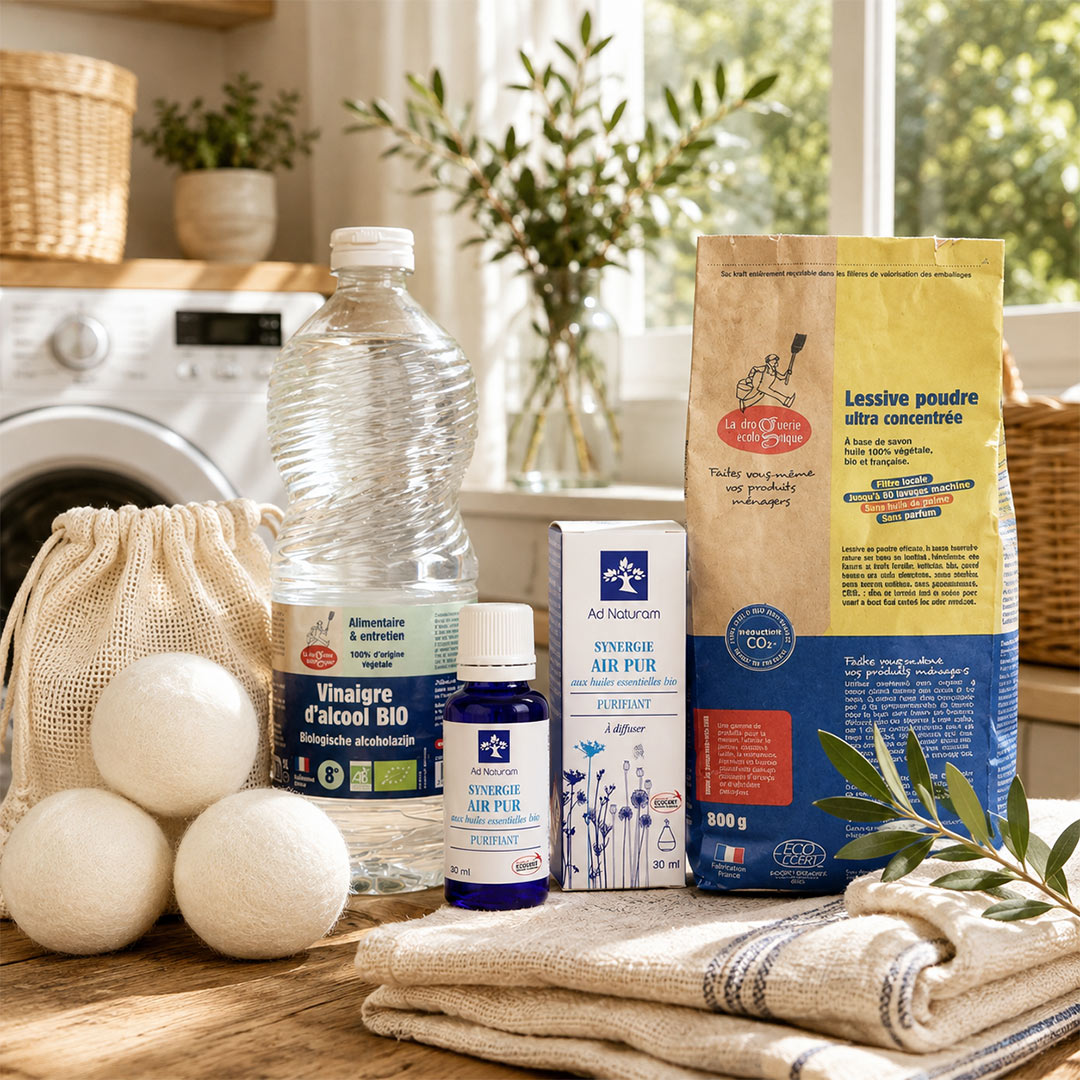 Naturally Fresh Laundry Kit with organic laundry powder, organic alcohol vinegar, Clean Air Synergy essential oil blend and reusable wool dryer balls arranged together on a light wooden surface in a bright Mediterranean-inspired laundry room.