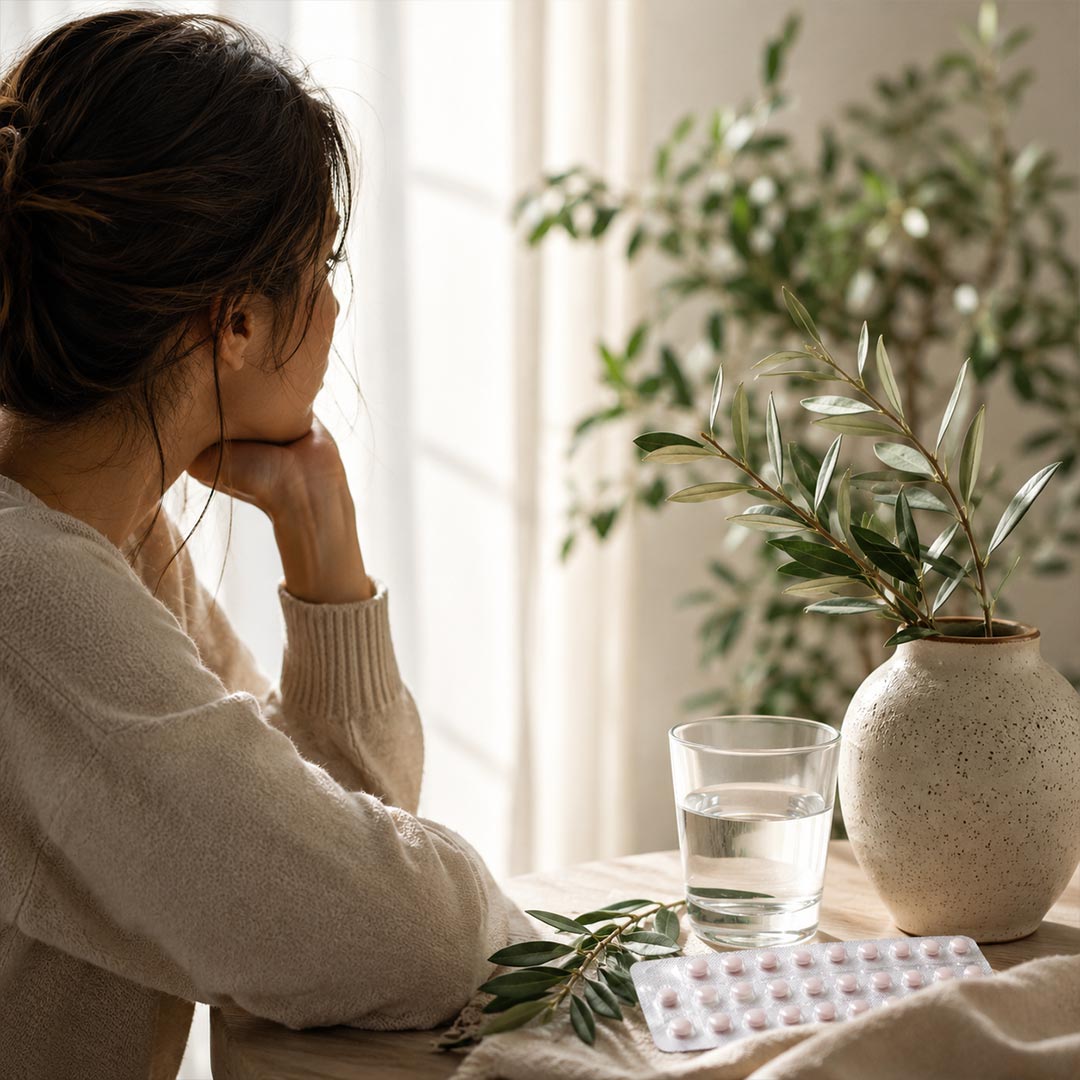 A woman in a cream knit sweater sits at a table by a window, looking thoughtfully out. On the table are a glass of water, a blister pack of pills, and a speckled ceramic vase with olive branches.