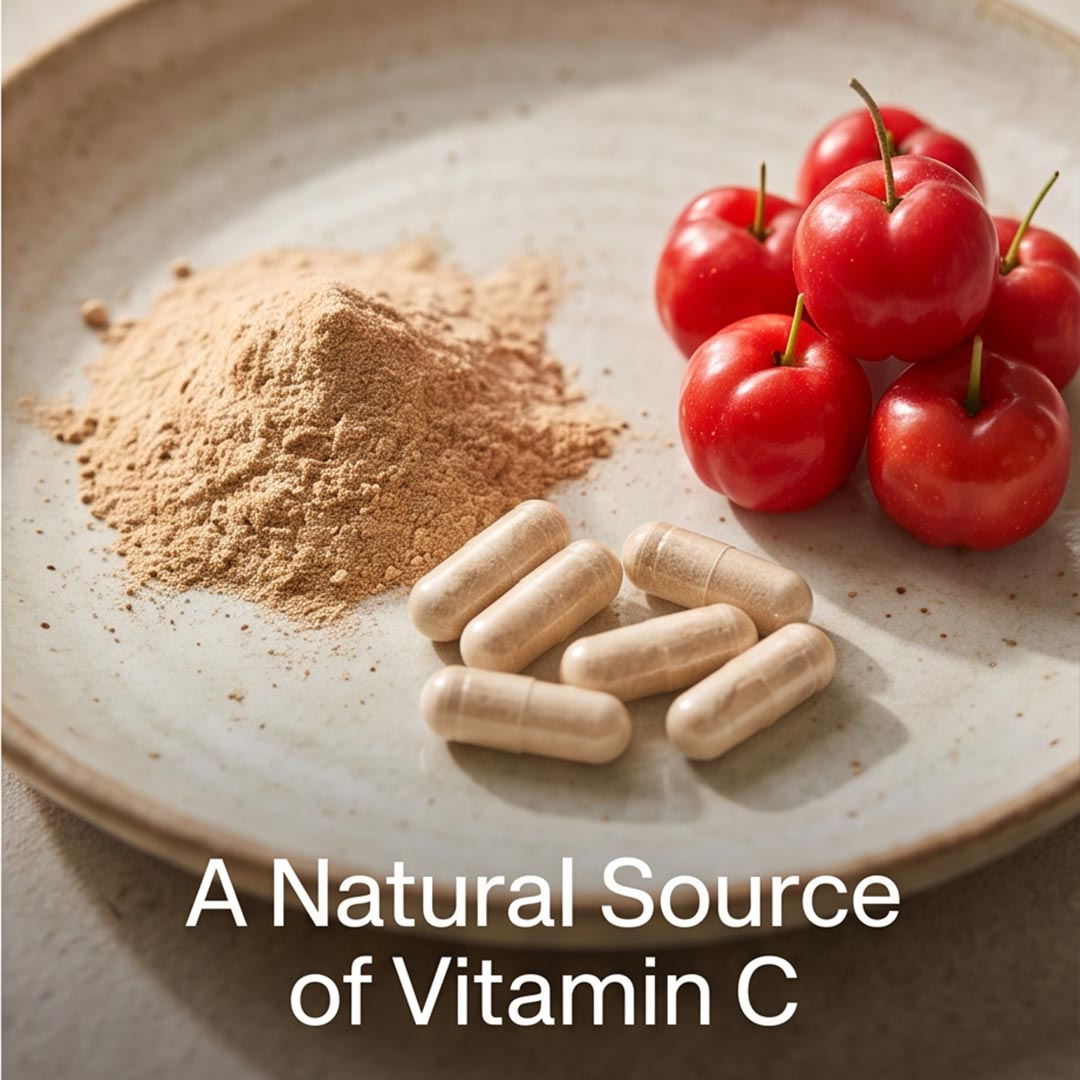 A close-up of a beige ceramic plate with a mound of tan powder, several beige capsules, and a cluster of bright red acerola cherries. White text at the bottom reads 'A Natural Source of Vitamin C'.