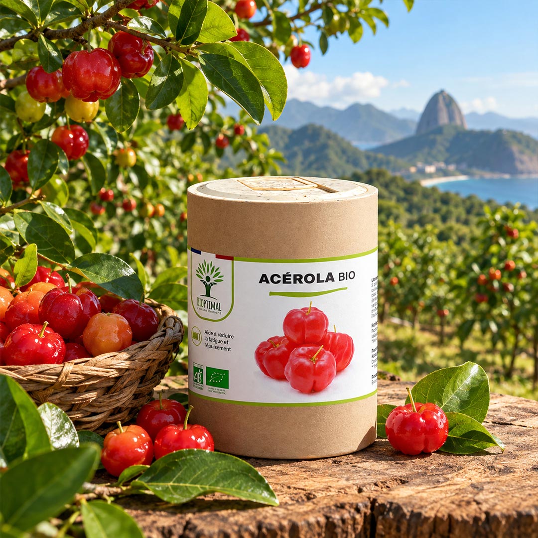 A cylindrical kraft paper jar labeled 'ACÉROLA BIO' stands on a wooden surface in an outdoor orchard setting with red cherries, green leaves, a basket of cherries, and a scenic mountain-and-coastline background.