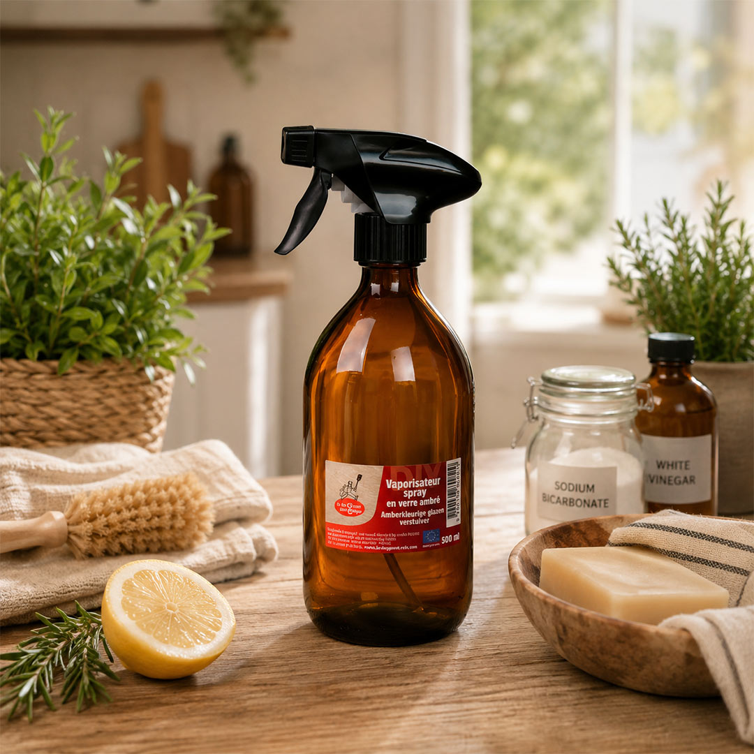 An amber glass spray bottle with a black trigger sprayer and a red-and-white label reading Vaporizer, styled on a wooden table with a lemon half, soap bars, a jar labeled Sodium Bicarbonate, another bottle labeled White Vinegar, and green plants in the background.