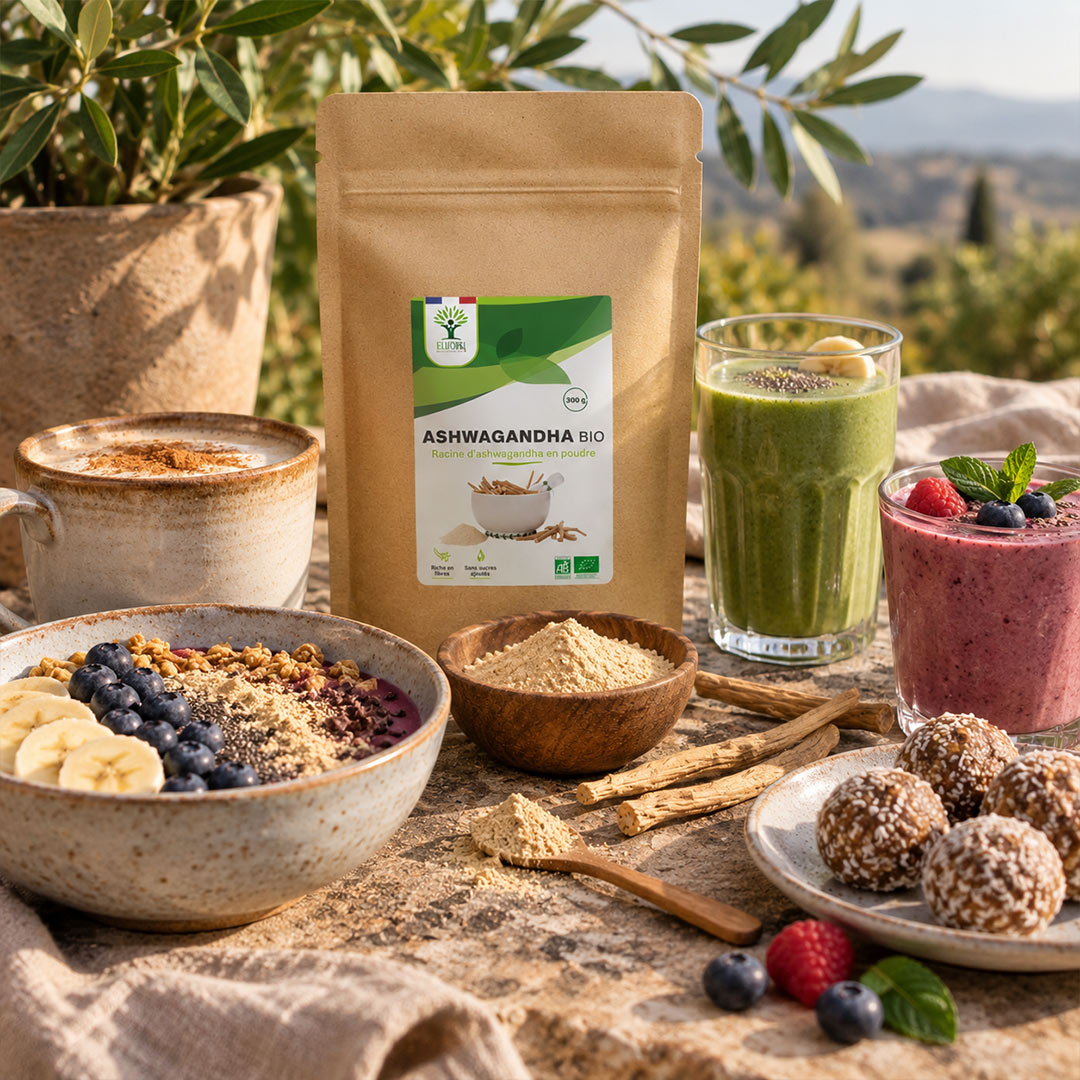 A kraft paper pouch labeled Ashwagandha Bio stands on a rustic stone surface outdoors, surrounded by prepared foods: a green smoothie, a pink smoothie, bowls of granola and fruit, rolled oats, and a wooden spoon with powder. The scene includes plants and a blurred natural background, making it a lifestyle product presentation.