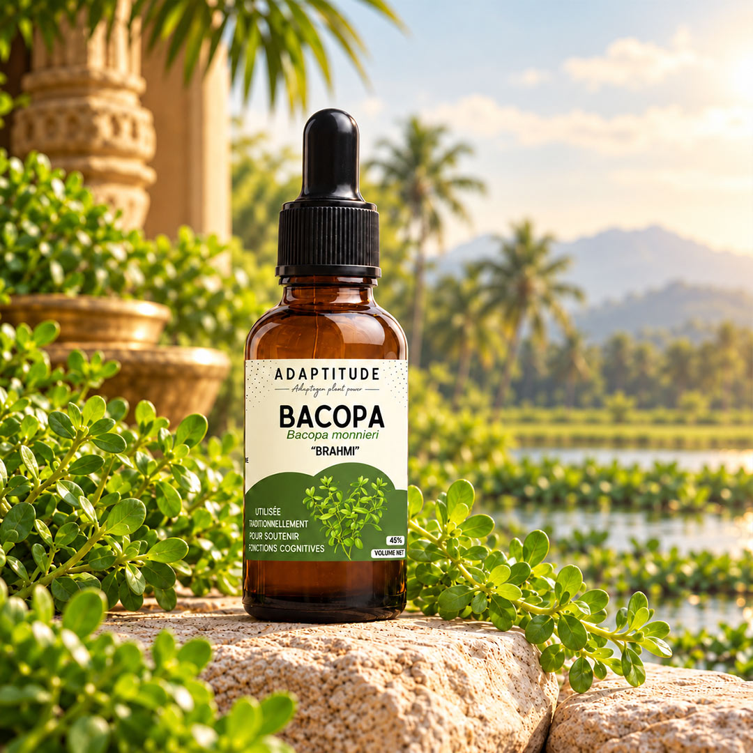 An amber glass dropper bottle labeled Adaptitude Bacopa (Brahmi) herbal supplement, placed on a stone surface surrounded by green leaves with a scenic outdoor background of water, trees, and mountains.