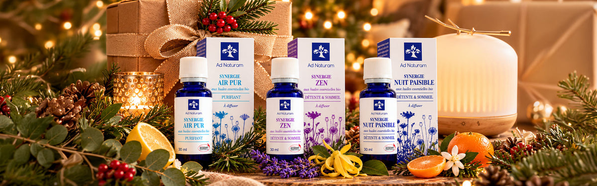 Four  blue and white essential oil blend bottles with their matching retail boxes arranged on a rustic surface, surrounded by evergreen branches, pinecones, citrus slices, lavender, and warm holiday lights. A large cream-colored candle sits to the right.