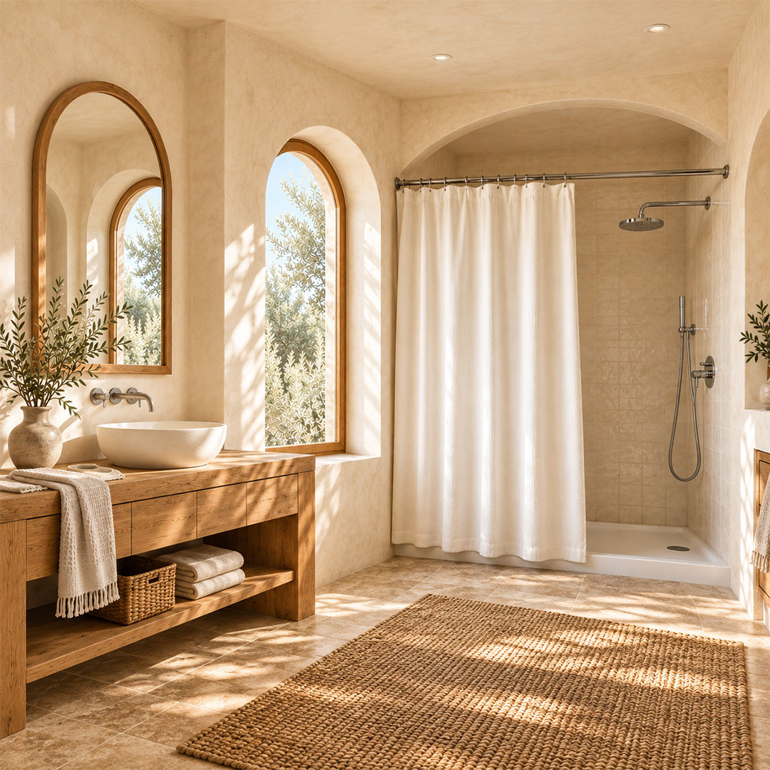 A warm, sunlit bathroom with beige walls and stone-look flooring, featuring a wooden vanity with a white vessel sink, arched mirrors, a woven rug, and a white shower curtain in an arched walk-in shower area.