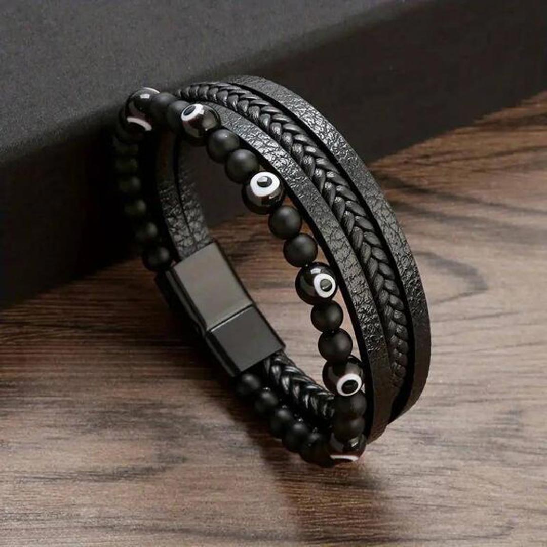 Innobiz Braided Leather Bracelet with Black Agate and Turkish Eye - Elliotti