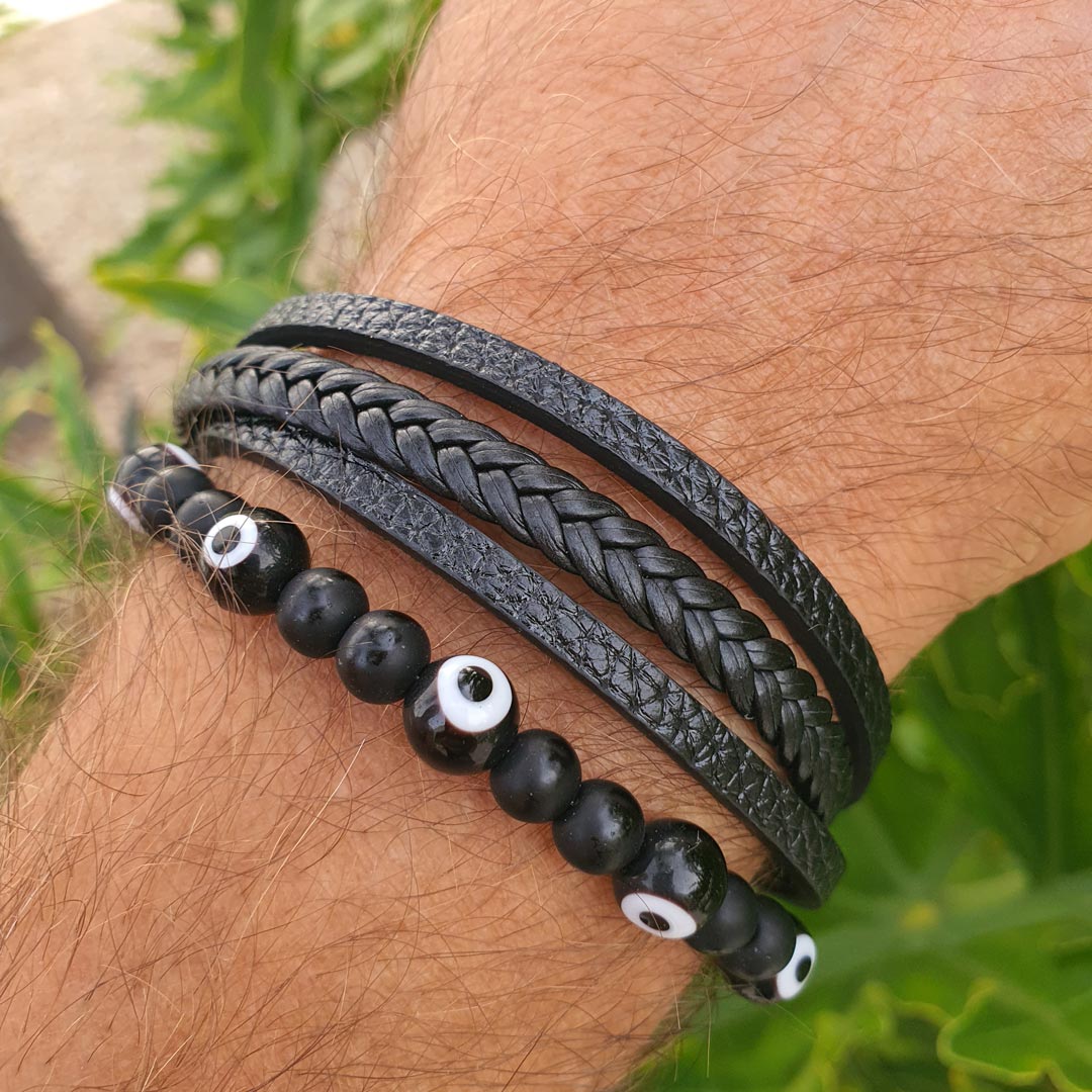 Innobiz Braided Leather Bracelet with Black Agate and Turkish Eye - Elliotti