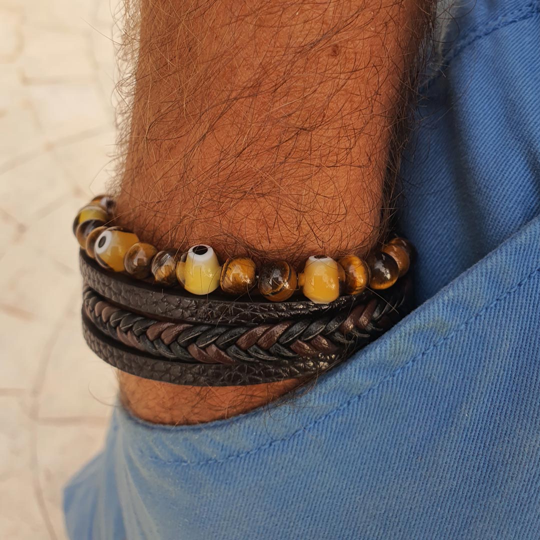 Innobiz Braided Leather Bracelet with Tiger's Eye & Turkish Eye - Elliotti