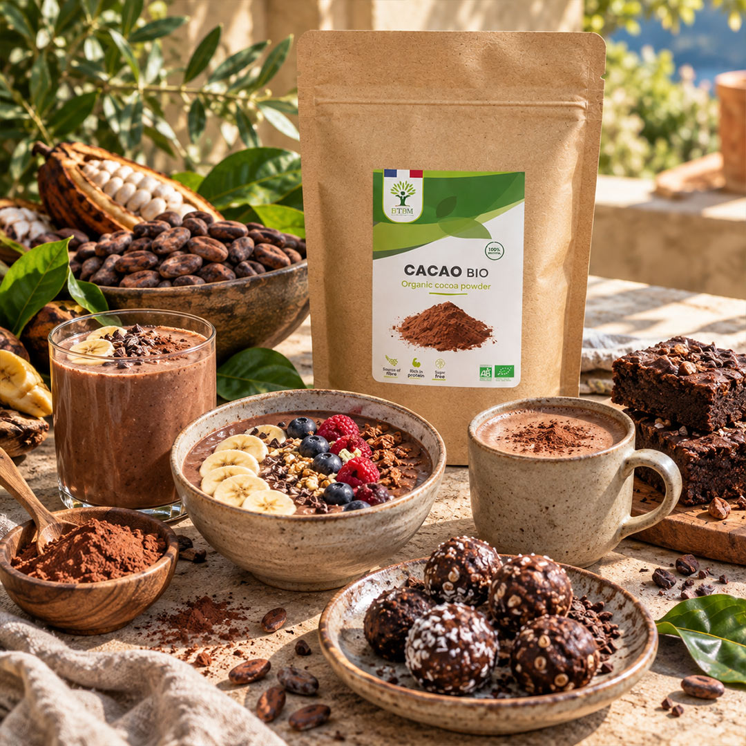 A stand-up pouch of Cacao Bio organic cacao powder stands on a rustic table surrounded by bowls of chocolate drinks, chocolate truffles, brownie bites, cocoa powder, cacao beans, and fresh green leaves in an outdoor setting.