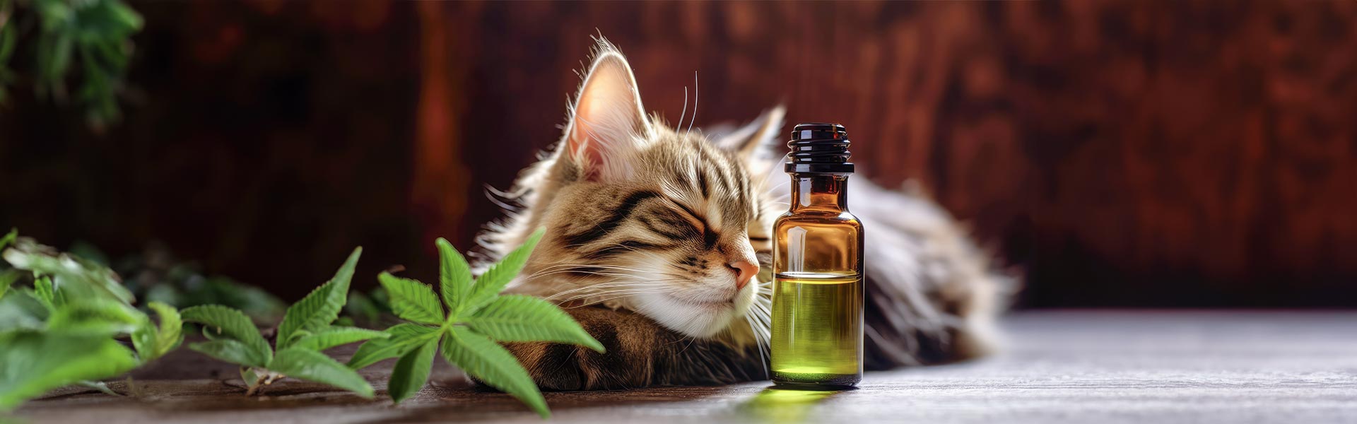 A Norwegian forest cat sleeping in front of a bottle with essential oil and some green leaves on the side