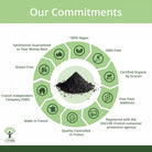 A promotional infographic titled 'Our Commitments' with a central pile of dark powder surrounded by green icons and text listing product claims such as 100% vegan, GMO-free, certified organic by Ecocert, gluten-free, made in France, and quality controlled in France. The brand name 'Bioptimal' appears in the bottom left on a white background with a green header.