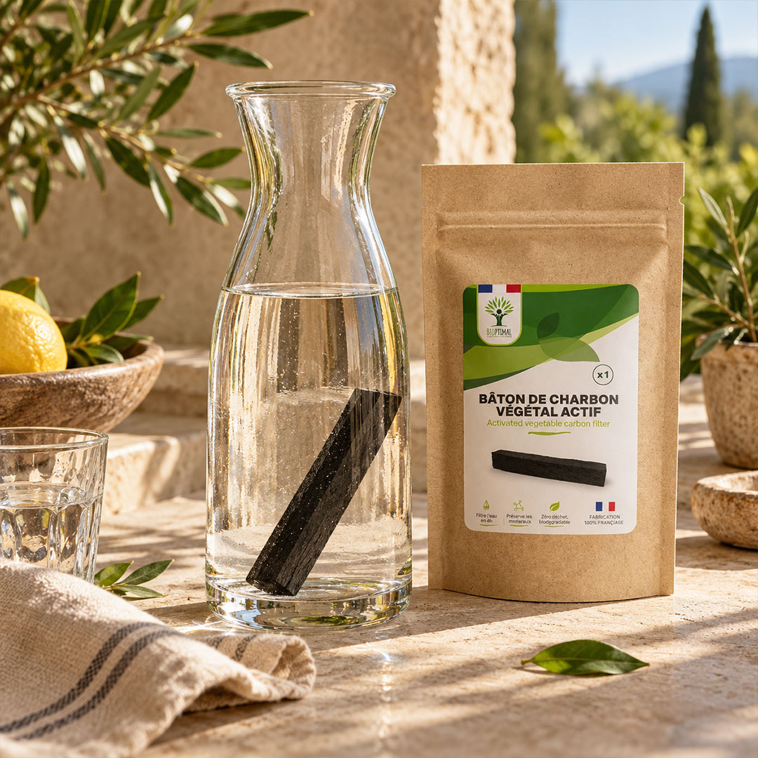 A kraft paper pouch labeled “BÂTON DE CHARBON VEGETAL ACTIF” stands beside a clear glass carafe filled with water on a sunlit stone surface, with lemon, plants, and a rustic outdoor setting in the background.
