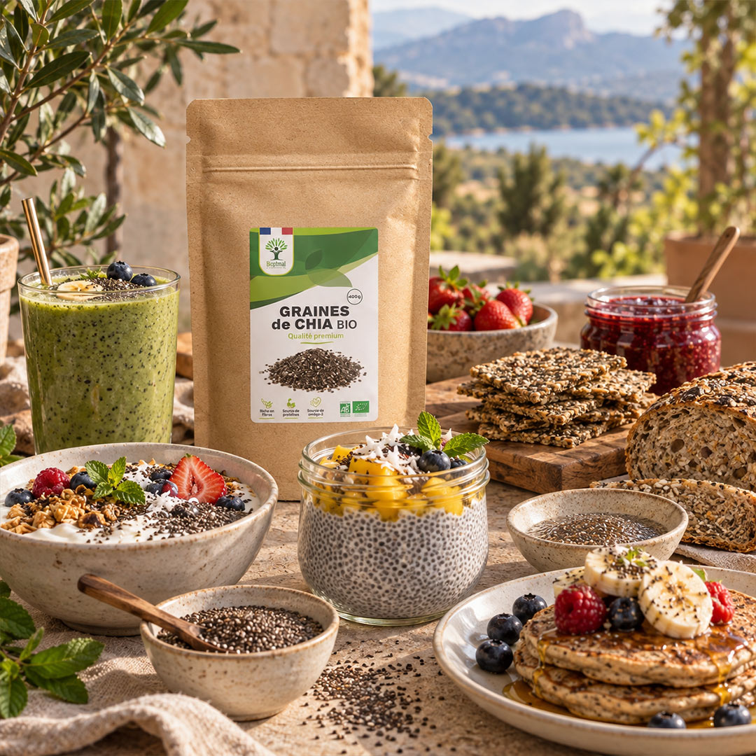 A kraft paper bag of organic chia seeds stands on a styled outdoor table surrounded by breakfast foods: a green smoothie, chia pudding in a jar, granola, seeds, yogurt, berries, and pancakes, with a stone wall and mountains in the background.