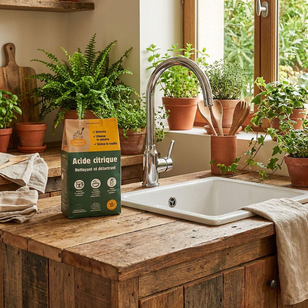 Kitchen sink with a bottle of cleaning product and potted plants on a wooden counter.