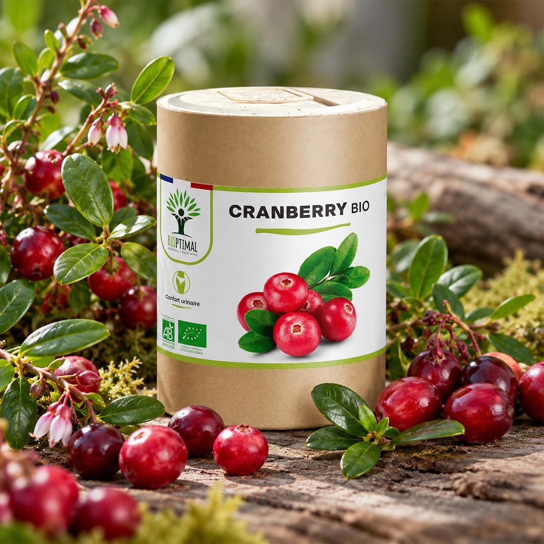 A cylindrical kraft paper canister labeled 'CRANBERRY BIO' with a white and green label showing cranberries, surrounded by fresh cranberries, green leaves, and moss on a rustic log outdoors.