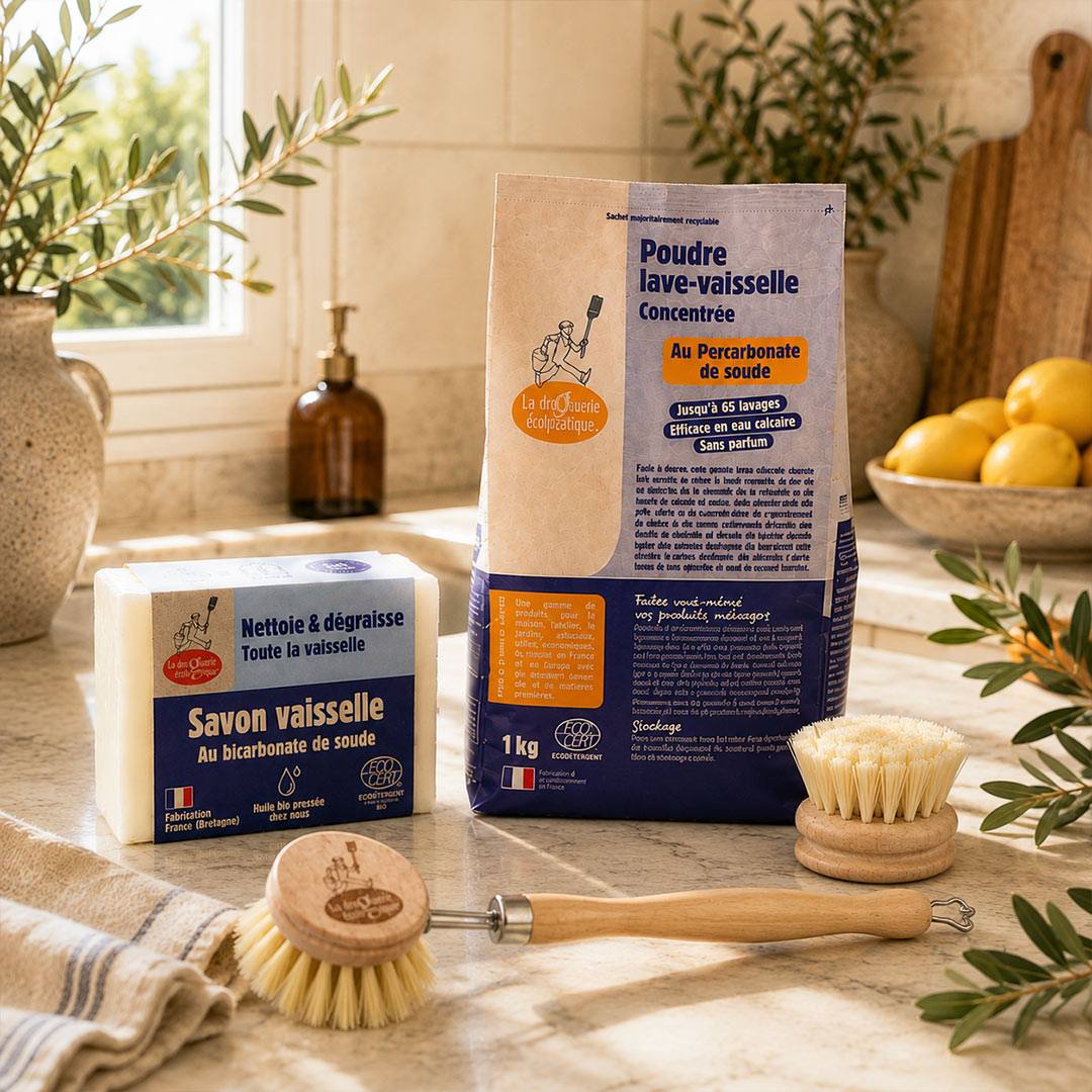 Complete Natural Dishwashing Starter Kit with ecological dish soap, dishwasher powder, reusable wooden dish brush and replacement head in a bright Mediterranean kitchen.