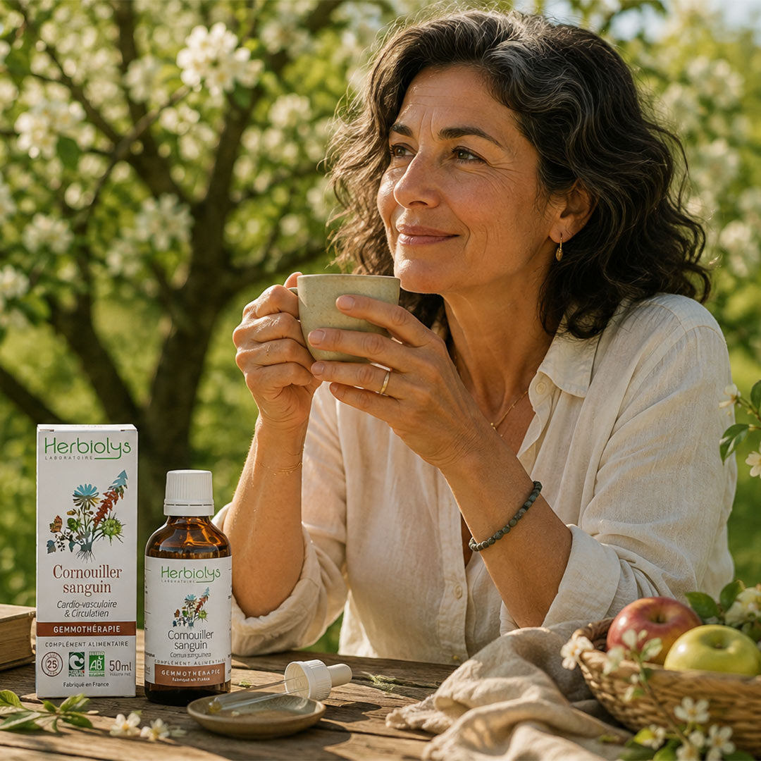 A woman in a white blouse sits outdoors at a wooden table holding a mug, with a bottle and box of Herbolys Cornouiller Sanguin beside her. The background shows blurred green foliage and white blossoms, with apples on the table.