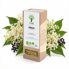 A 50g box of Bioptimal Sureau Elderflower infusion, styled with fresh elderberry leaves, white flowers, and dark elderberry berries on a clean white background.