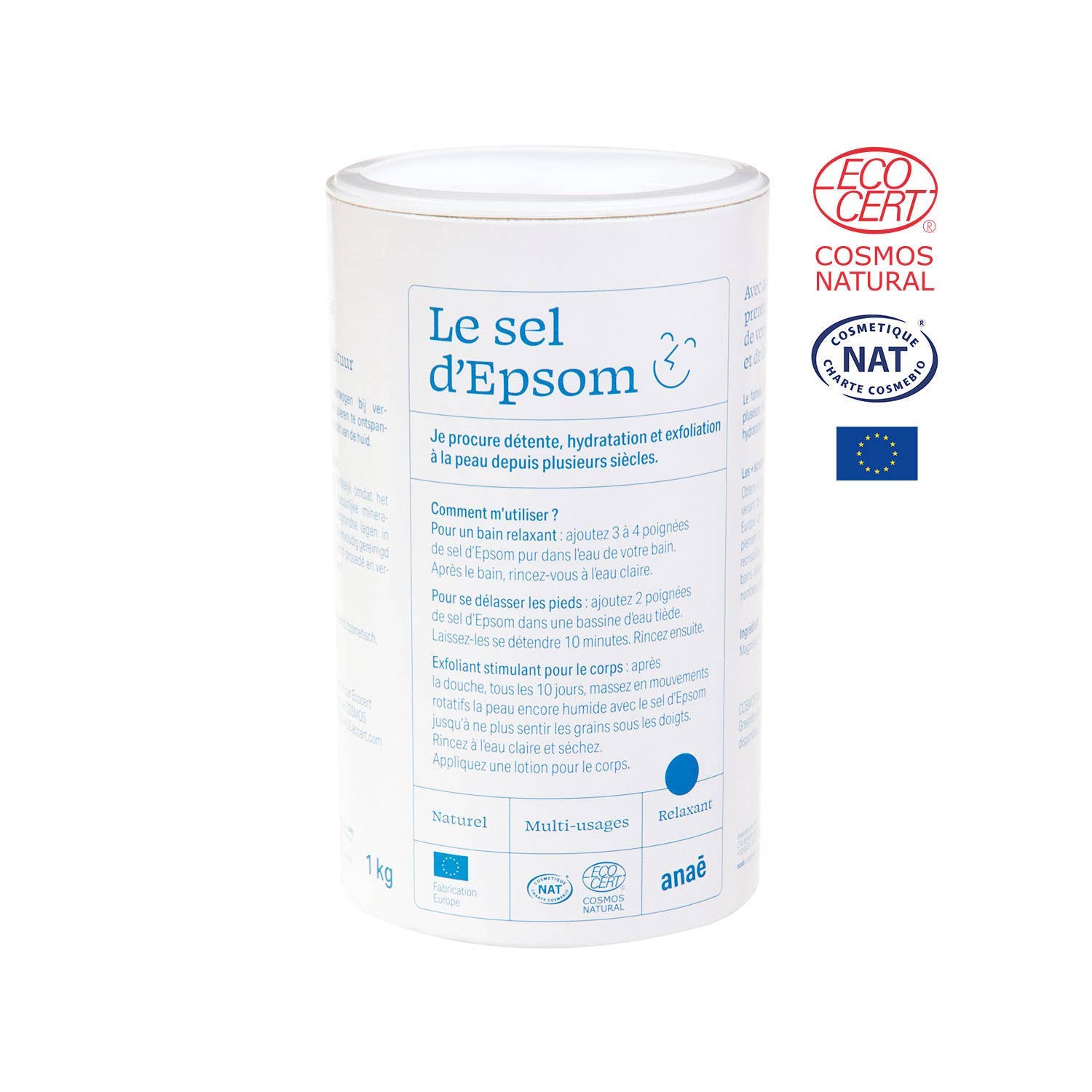 Epsom salt container with certification logos on a white background