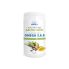 Supplement container with Sacha Inchi oil and Omega 3,6,9 on a white background