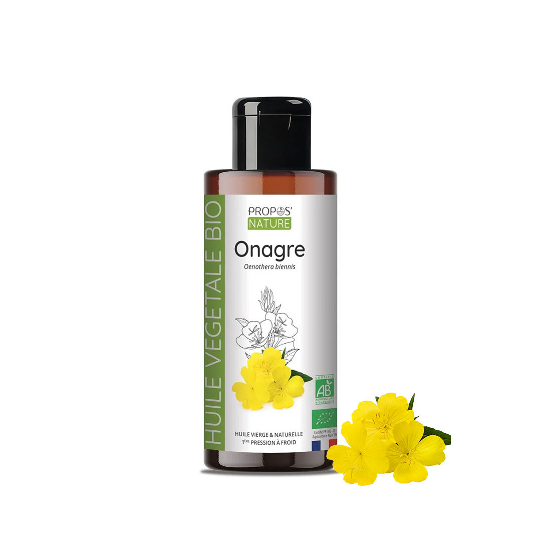 A bottle of Propos Nature Evening Primrose oil with a black cap and white label, shown on a white background with yellow flowers next to it.