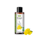 A bottle of Propos Nature Evening Primrose oil with a black cap and white label, shown on a white background with yellow flowers next to it.