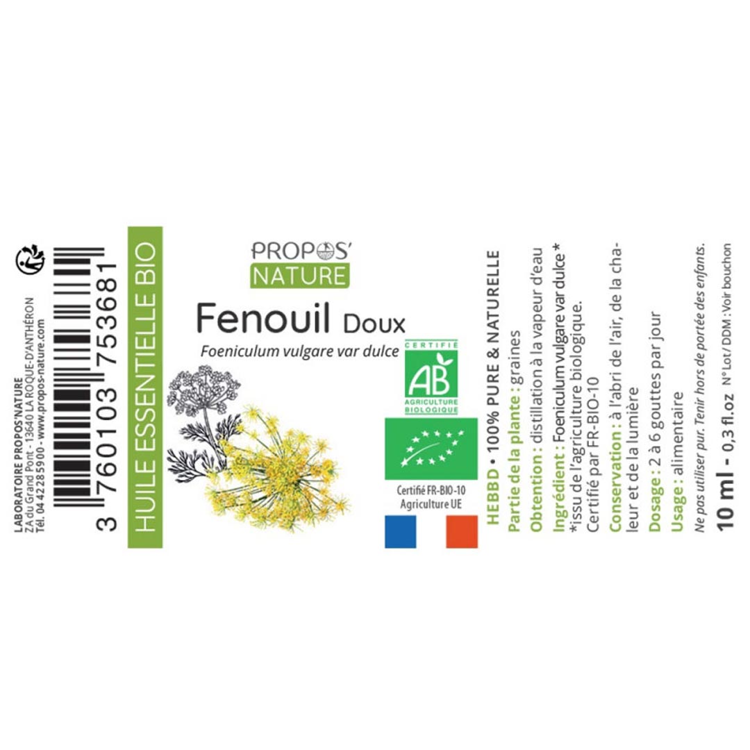 Propos'Nature Fennel Sweet Organic Essential Oil, 10ml - Elliotti