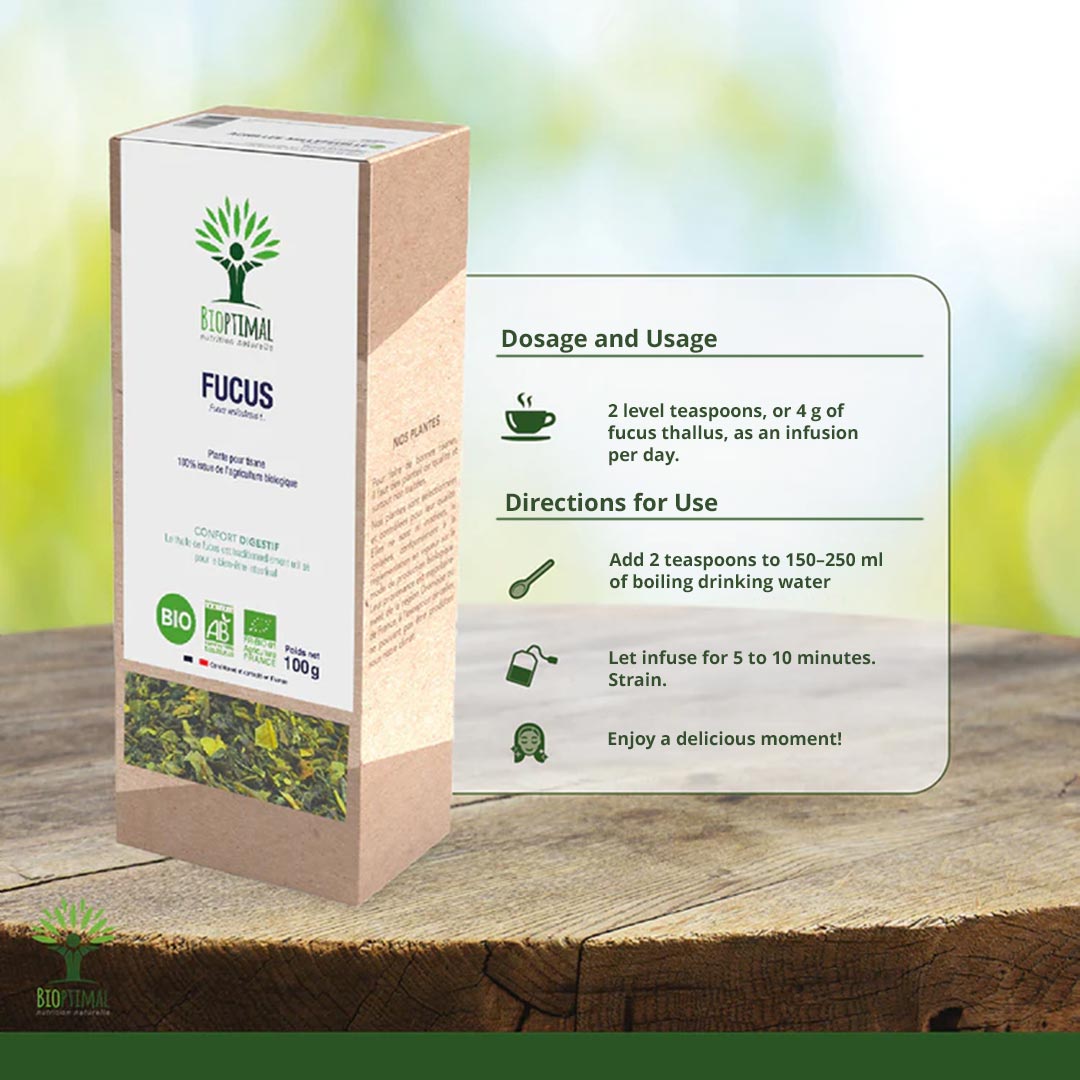 Fucus packaging with usage instructions on a wooden surface