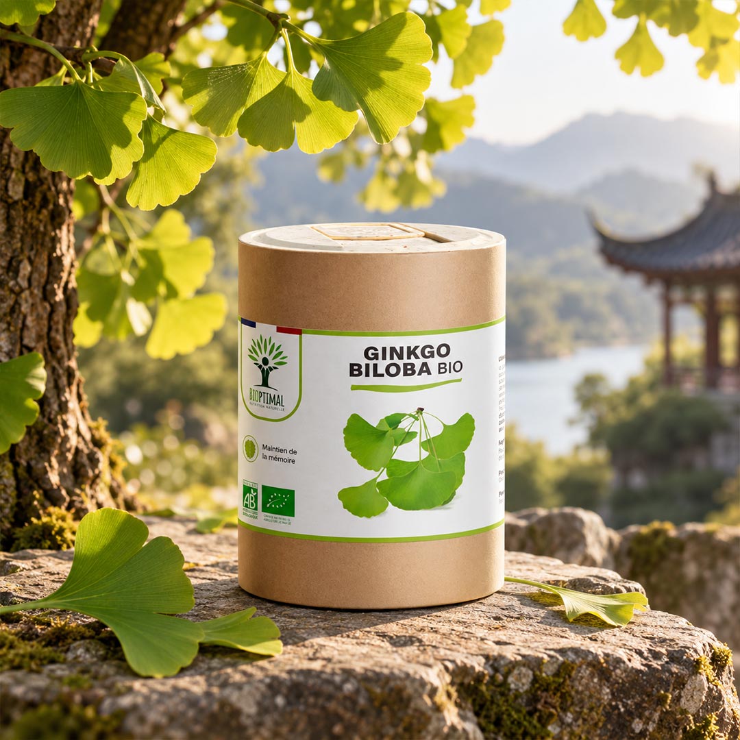 A kraft paper cylindrical container labeled 'GINKGO BILOBA BIO' sits on a stone surface outdoors, surrounded by green ginkgo leaves and a blurred mountain landscape with a pagoda in the background.