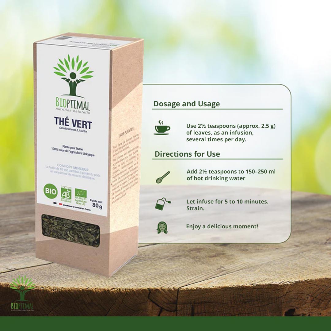 Box of BiOptimal Thé Vert tea with usage instructions on a wooden surface
