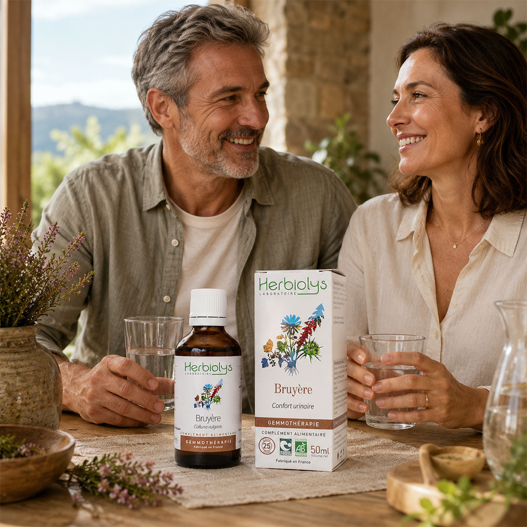 A man and a woman sitting at a rustic wooden table, smiling and looking at a bottle and box of Herbiolys Heather Comfortable herbal supplement.